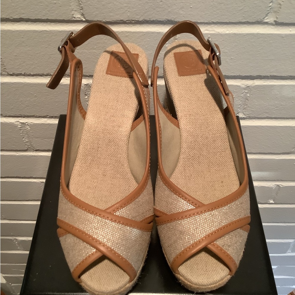 Tory Burch Majorca Peep Toe Wedge Espadrille Sandal Tan Size 8 NWOB